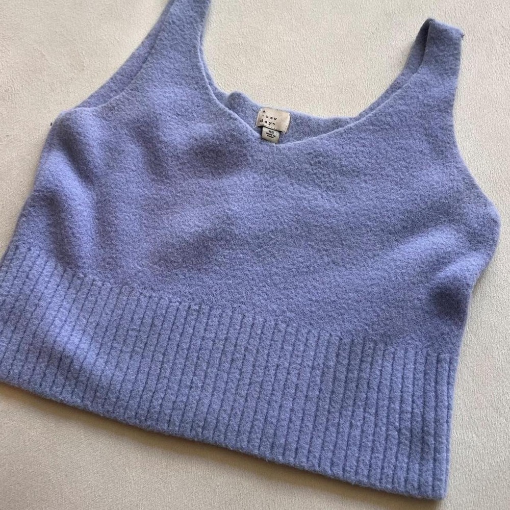 Dusty Blue Cropped Fuzzy y2k Sweater Tank Top A New Day Cute Funky Whimsical